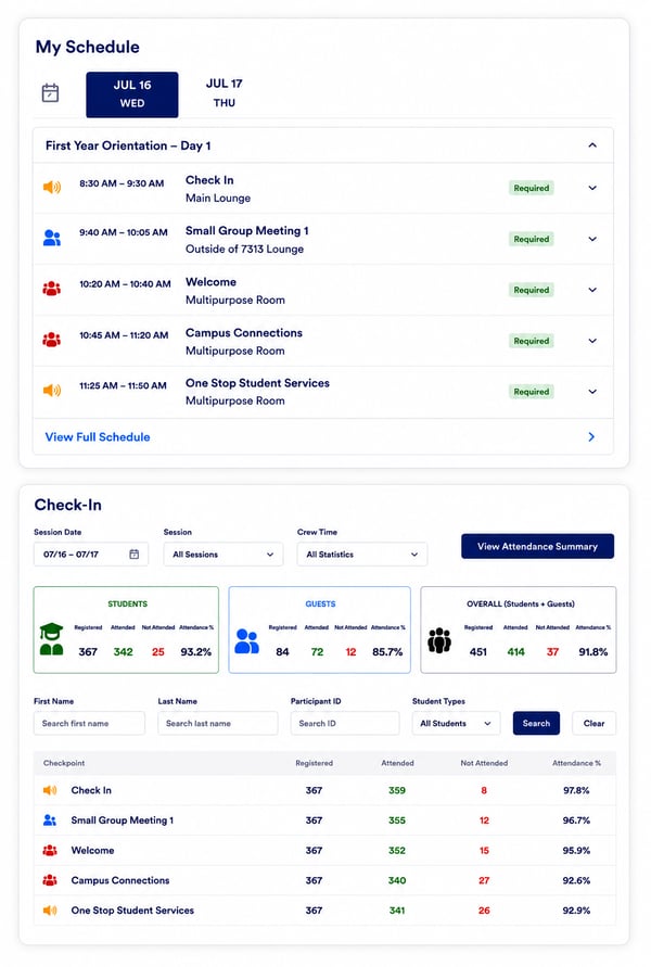 VZOS® student schedule view alongside the admin Check-In view showing attendance tracking for the same orientation experience.