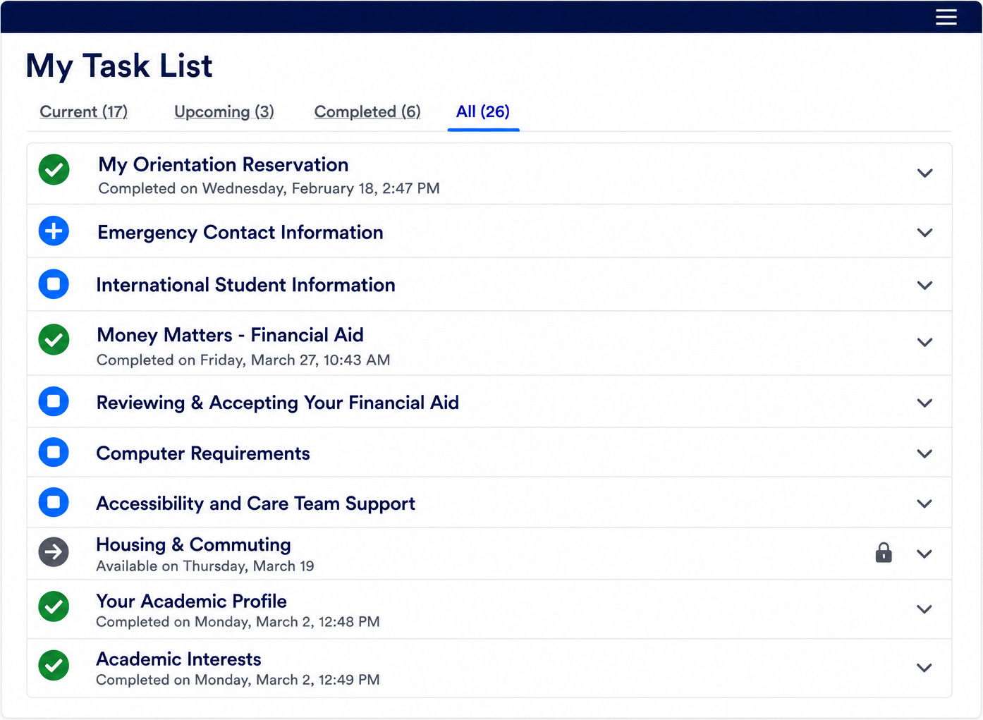 VZOS® Path showing an orientation reservation alongside financial aid, accessibility, housing, academic profile, and other onboarding requirements.